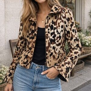 Escada Women’s Vintage Brown Wool Leopard Print Bell Sleeve Fitted Blazer Jacket